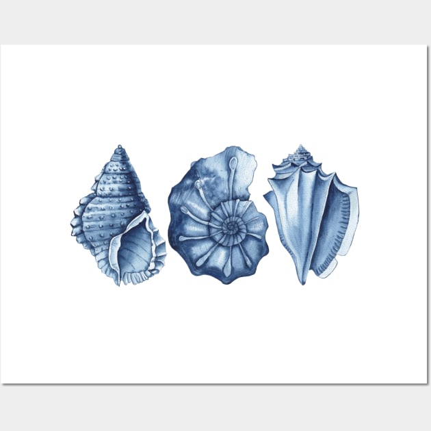 Blue watercolor seashells Wall Art by InnaPatiutko